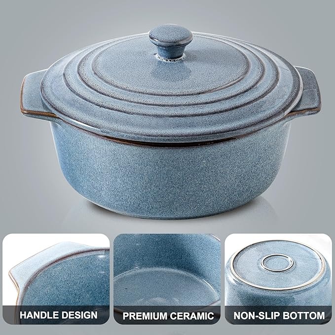 HVH Ceramic Casserole Dish with Lid Oven Safe, 2 Quart Round Casseroles Dish Set, 9 Inches Round Baking Dish with Lid Oven Safe, Deep Casserole Dishes for Oven with Lids for Dinner Party (Wabi sabi) - Image 6
