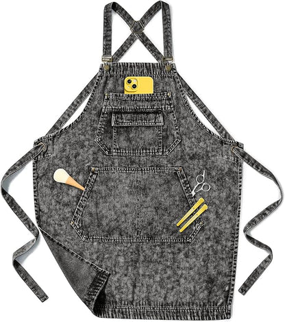 Denim Apron with Pockets for Hair Stylist Gardening Craftsmen Barista Women Hairdresser Jean Work Apron Cross Straps