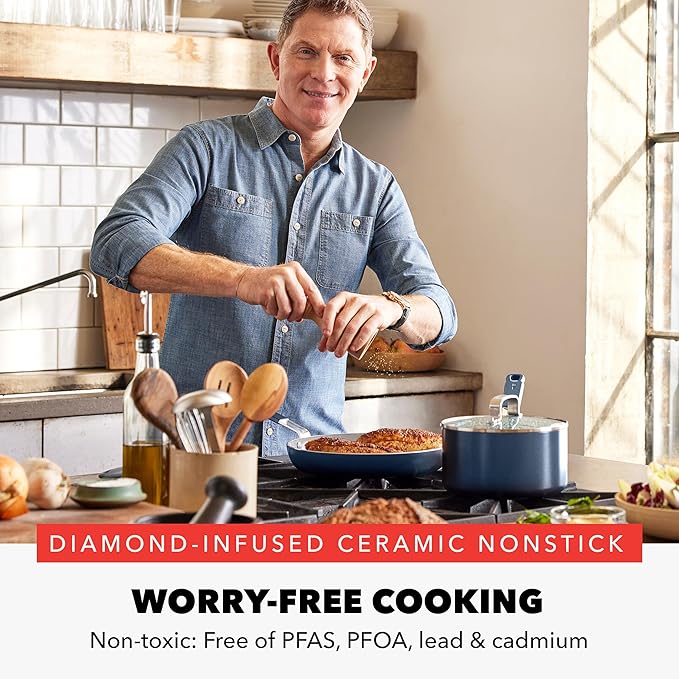 GreenPan x Bobby Flay 13 Piece Nonstick Cookware Pots and Pans Set, PFAS-Free Diamond Ceramic, Induction Suitable, Easy Clean Dishwasher & Oven Safe, Stay-Cool Silicone Handles, Glass Lids, Navy Blue - Image 2