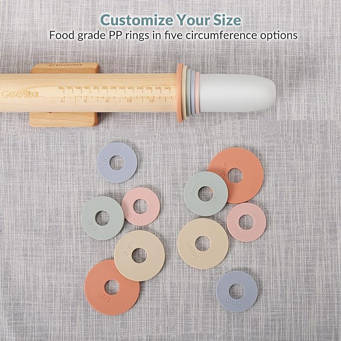 Geesta Adjustable Wood Rolling Pin with 5 Thickness Rings, Precise Dough Roller Handle Press Design with Measurement Guide for Fondant, Pizza, Pie Crust, Cookie, Pastry Baking Decorating Accessories - Image 3