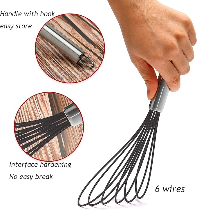 Flat Whisks Stainless Steel,3 Pack 10''+11''+12'' Set Premium Sturdy-6 Silicone Heads Non Stick Wires Whisk for Blending Beating Stirring Kitchen Cooking Color Grey by Jell-Cell - Image 2