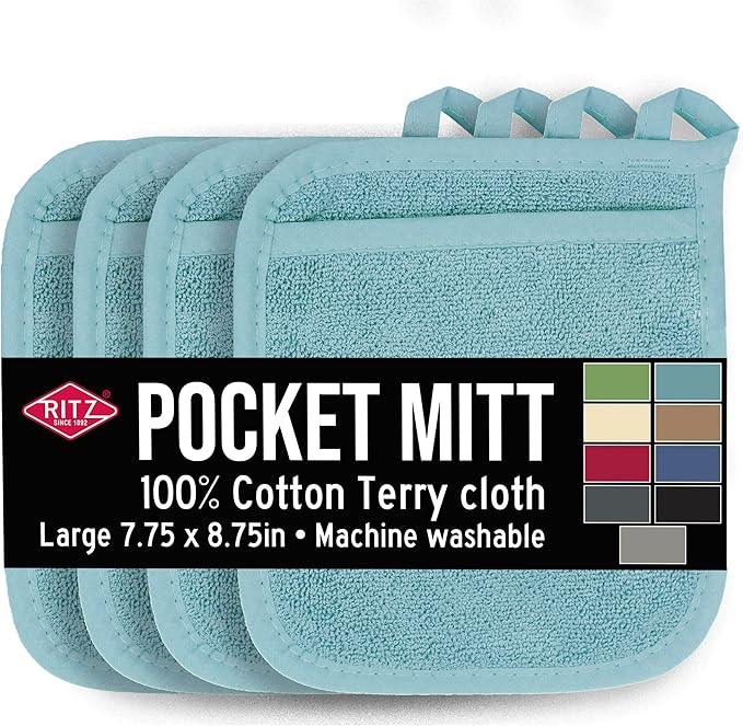 RITZ Terry Pocket Mitt & Hot Pad: Unparalleled Heat Resistant, Durable 100% Cotton – Ergonomically Designed for Optimal Grip – Easy-Care Machine Washable – 4-Pack, Dew by Ritz+Foodservice