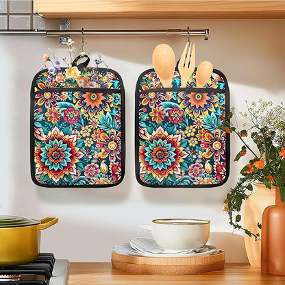 Vibrant Mandala Floral Pot Holders for Kitchen, Boho Abstract Colorful Ethnic Flower Botanical Heat Resistant Hot Pads and Oven Mitts for Baking Cooking - Image 2