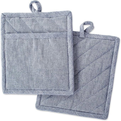 DII 100% Cotton Solid Chambray Kitchen Set, Potholders, Blue, 2 Piece