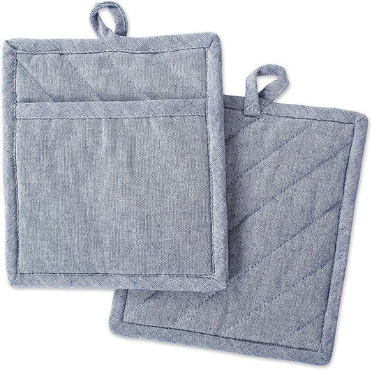 DII 100% Cotton Solid Chambray Kitchen Set, Potholders, Blue, 2 Piece