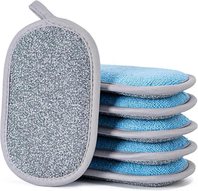 Dual-Sided Multi-Purpose Scrub Sponges, Non-Scratch Dishwashing Sponges for Kitchen, Reusable Microfiber Sponge for Efficiently Cleaning Dishes, High Density Sponge Inside (6 Pack, Large) Gray-Blue by CADONO