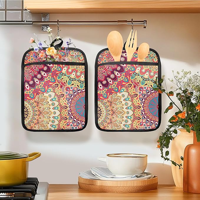 Colorful Abstract Mandala Floral Pot Holders for Kitchen, Boho Vibrant Ethnic Flower Botanical Heat Resistant Hot Pads and Oven Mitts for Baking Cooking - Image 2