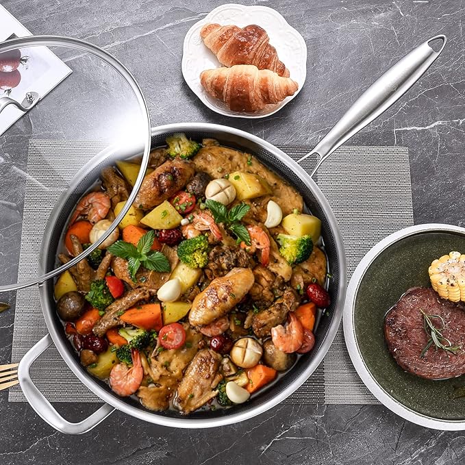 LOLYKITCH 6 QT Large Skillet with Lid, 12 Inch Nonstick Deep Frying Pan, Tri-Ply Stainless Steel Hybrid Saute Pan for Family Meals, Induction Oven Compatible Ceramic Coated, Detachable Handle - Image 5