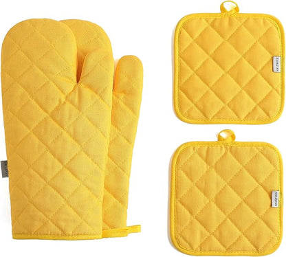 Oven Mitts and Pot Holders 4 pcs Set,High Heat Resistant 500 Degree Extra Thicken Long Kitchen Cotton Oven Glove for Cooking (12 Inch,Yellow) by M+MIAOYAN