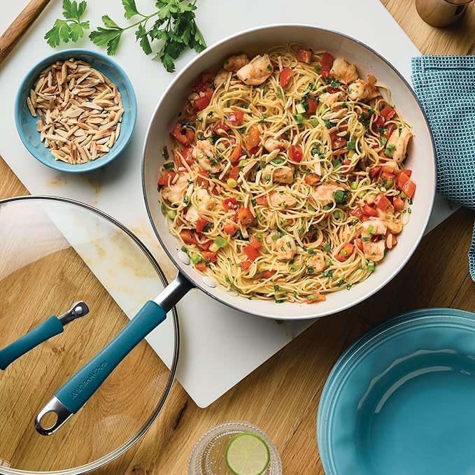 Rachael Ray Cucina Ceramic Nonstick Stir Fry Pan and Lid, 11 Inch Non Stick Wok Pan, Dishwasher Safe - Marine Blue