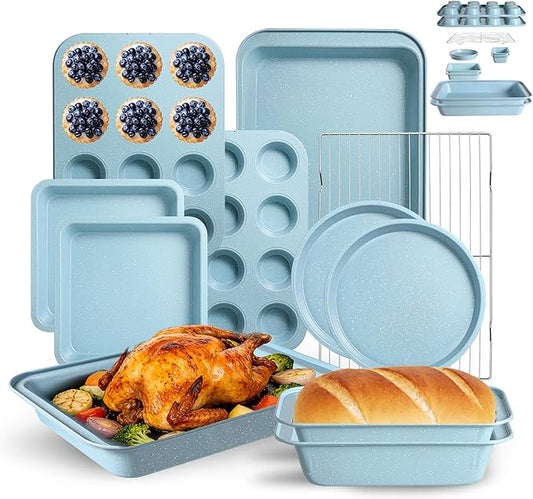 11-Piece Nonstick Baking Pans Set - Professional Grade Carbon Steel Bakeware with Premium Coating- Dishwasher Safe, Stackable, Oven Safe to 450°F (Slight Blue) by Unknown