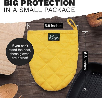 Oven Mitts Heat Resistant - Yellow Mini Silicone Gloves & Pot Holders Set for Kitchen
