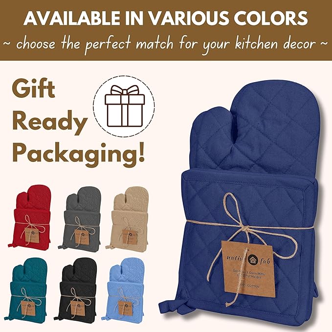 Native Fab 4 Piece Set - 2 Oven Mitts & 2 Potholders, Heat Resistant, 100% Cotton, Quilted Design, Non-Slip Grip, Machine Washable, Ideal for Baking, Cooking, BBQ, Kitchen Protection - Ink Blue - Image 7