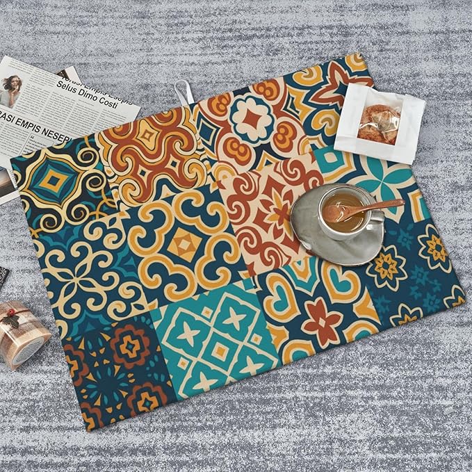 Talavera Mexican Tiles Dish Drying Mats for Kitchen Counter, Large 18"x24" Dish Mats for Drying Dishes, Microfiber Absorbent Dish Drying Pad Rack Mat Kitchen Decor Reusable Washable