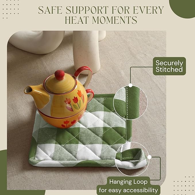 Buffalo Plaid Check Oven Mitts and Pot Holders Set, 100% Cotton, Heat Resistant, 2 Oven Gloves (7x13 Inches) and 2 Hot Pads (8x8 Inches) for Cooking and Baking, Mint Green White