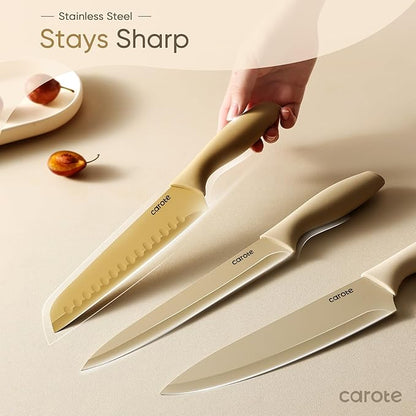 CAROTE Knife Set, 12 Pieces Kitchen Knife Set, 6 Stainless Steel Knives with Blade Guards & Nonstick Ceramic Coating, Rustproof, Color-Coded, Ergonomic Handles (Pack of 2) - Image 4