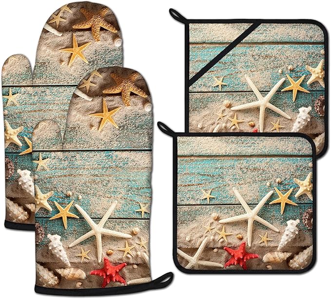 Beach Shells Starfish Oven Mitts and Pot Holders Sets Heat Resistant 4Pcs Potholders Oven Gloves Hot Pads for Kitchen Baking Cooking Grilling BBQ