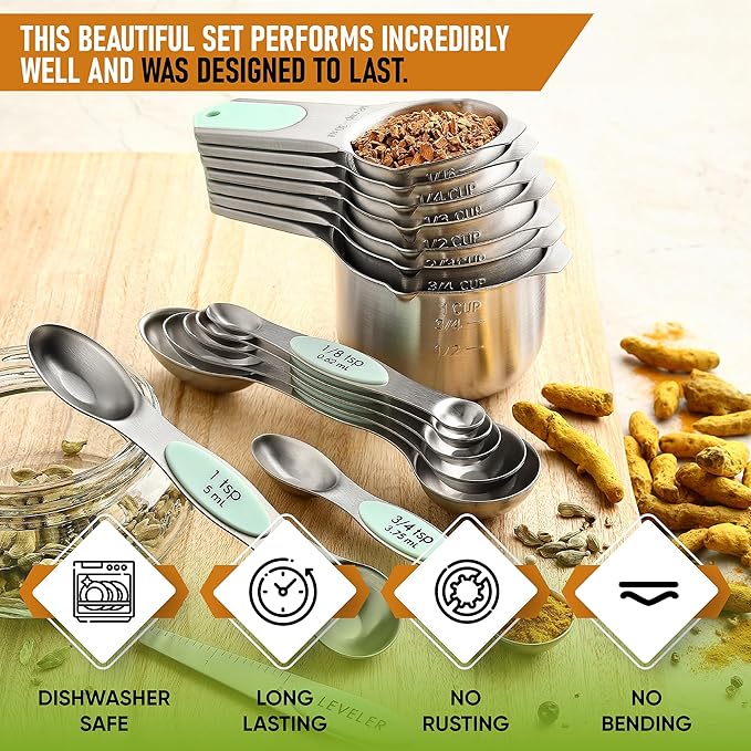 Spring Chef Magnetic Measuring Cups & Spoons Set, Patented, Strong N45 Magnets, Heavy Duty Stainless Steel Fits in Spice Jars for Baking & Cooking, BPA Free, Round Set of 15 with Leveler, Mint - Image 2