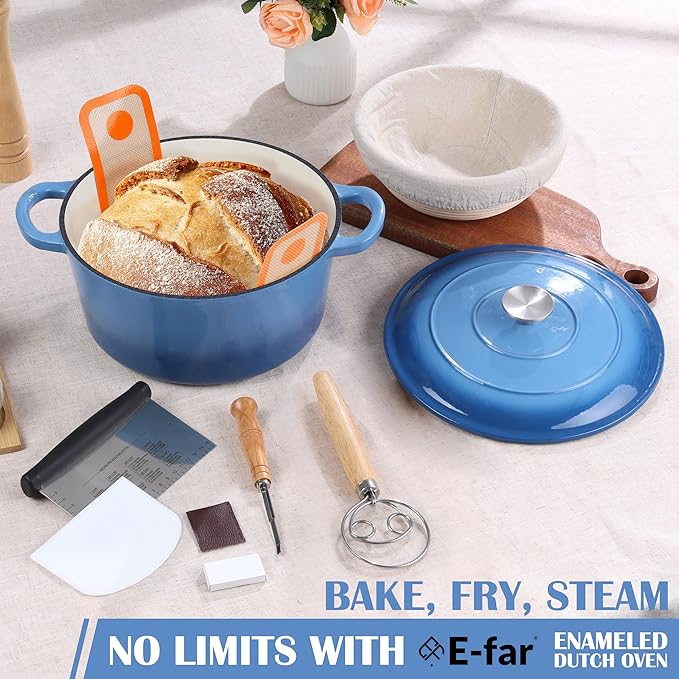 E-far Enameled Dutch Oven Pot for Bread Baking, 6QT Enameled Cast Iron Cookware with Self-Basting Lid & Sourdough Bread Baking Supplies, Heavy Duty Casserole Pot & Dual Handles-Blue