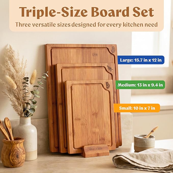 EDELHAUS Carbonized Bamboo Cutting Boards – Cutting Board Set of 3 Heat Treated for Rich Color & Lower Moisture Absorption, Chopping Boards with Juice Groove, Non-Toxic, FSC Certified incl. Stand