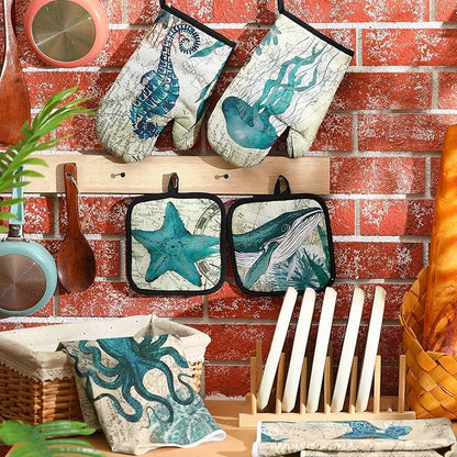 6 Pcs Sea Ocean Beach Kitchen Towels Pot Holders and Oven Mitts Set Coastal Dish Towel Ocean Animal Oven Gloves Heat Resistant Potholders for Kitchen Summer Cooking Gift - Image 4