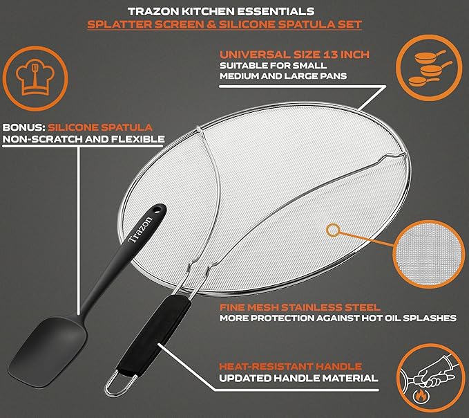 Grease Splatter Screen for Frying Pan 13 inch - Stops 99% of Hot Oil Splash - Protects Skin from Burns - Splatter Guard for Cooking - Iron Skillet Lid Keeps Kitchen Clean, includes Silicone Spatula - Image 2