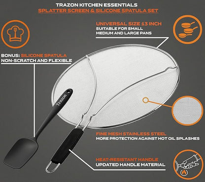 Grease Splatter Screen for Frying Pan 13 inch - Stops 99% of Hot Oil Splash - Protects Skin from Burns - Splatter Guard for Cooking - Iron Skillet Lid Keeps Kitchen Clean, includes Silicone Spatula - Image 2
