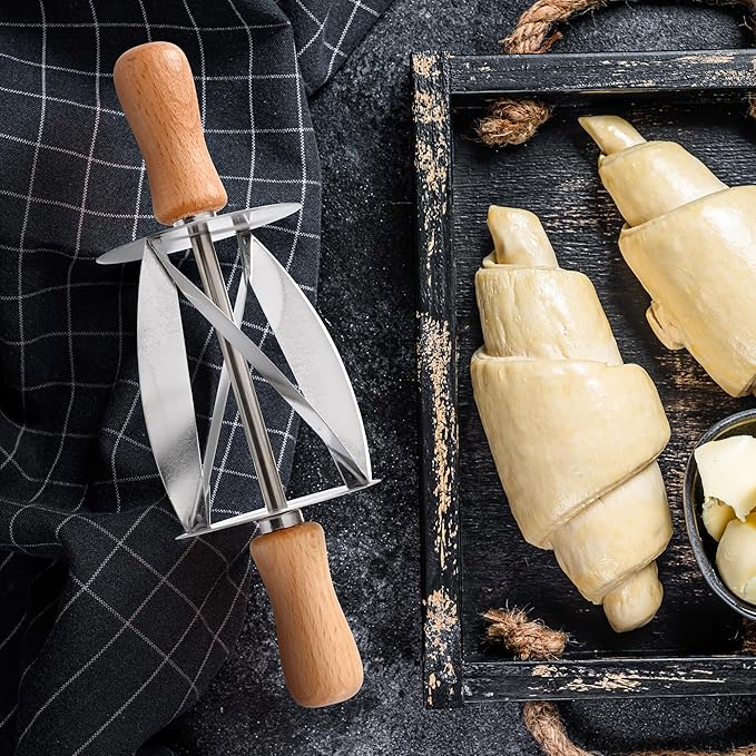 Stainless Steel Croissant Cutter, Irregular Roller Cutter with Wooden Handle, Useful Kitchen Baking Tool
