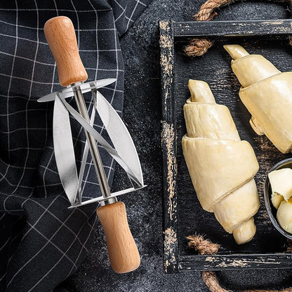 Stainless Steel Croissant Cutter, Irregular Roller Cutter with Wooden Handle, Useful Kitchen Baking Tool