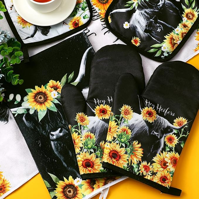 Leinuosen 6 Sunflower Cow Kitchen Towels Kitchen Decor and Accessories Set Floral Plant Oven Mitts and Pot Holders Sets Farmhouse Absorbent Dish Towels for Cooking Baking Grilling - Image 7