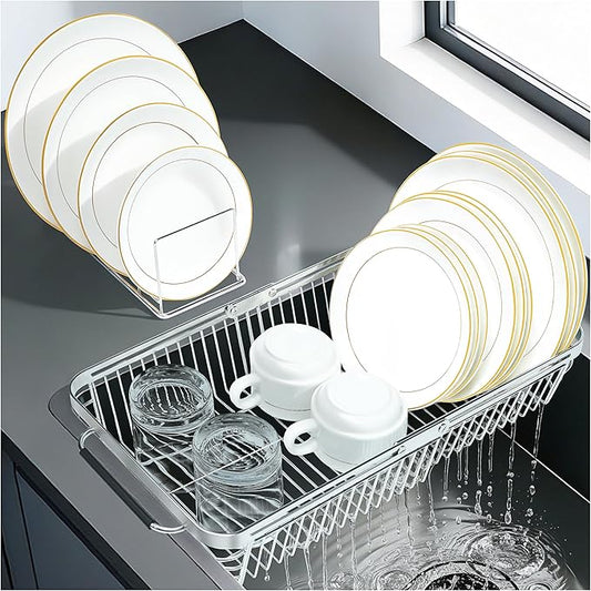 Dish Drying Rack Over The Sink, Stainless Steel Dish Racks for Kitchen Counter, Expandable Drainer for Kitchen Sink Organizer, 2-in-1 Extend Drain Basket and Plates Holder for Utensil Storage
