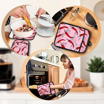Pink Pepper Kitchen Pot Holders with Pockets, Trendy Red Chili Pepper Oven Pot Holders Heat Resistant Oven Mitts Hot Pads for Kitchen Baking Cooking