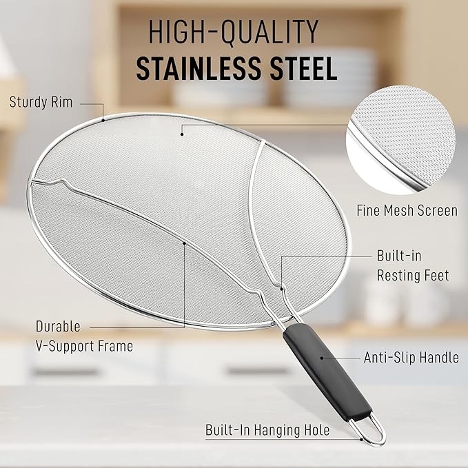 Zulay Kitchen Splatter Screen for Frying Pan (13”) - Grease Splatter Guard for Frying Pan - Oil Splatter Guard - Oil Splash Guard for Frying Pan - Stainless Steel Grease Screen for Stove Top (Black) - Image 2