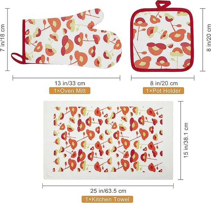 Oven Mitts and Potholders Dish Towles Set 100% Cotton for Perfect for Gifting, Baking, and Everyday Cooking Durable Heat Resistant for Kitchen and Machine Washable (3-Piece Red Flower) - Image 6
