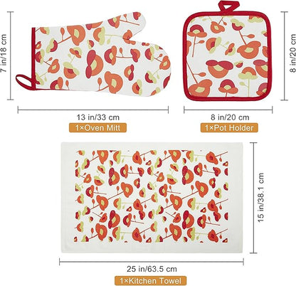 Oven Mitts and Potholders Dish Towles Set 100% Cotton for Perfect for Gifting, Baking, and Everyday Cooking Durable Heat Resistant for Kitchen and Machine Washable (3-Piece Red Flower) - Image 6