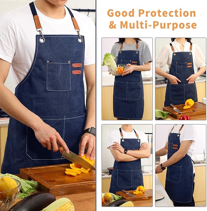 Tosewever Canvas Cross Back Chef Cotton Aprons for Men Women with Large Pockets - Image 4