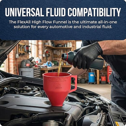 TEC Products FlexAll Short Neck Funnel - Flexible Funnel w/Hose for Automotive Use - Durable Nitrile Rubber - Car Oil Change, Transmission Fluid, Diesel, Gas - USA Made - Large (11 x 5.73 Inches)