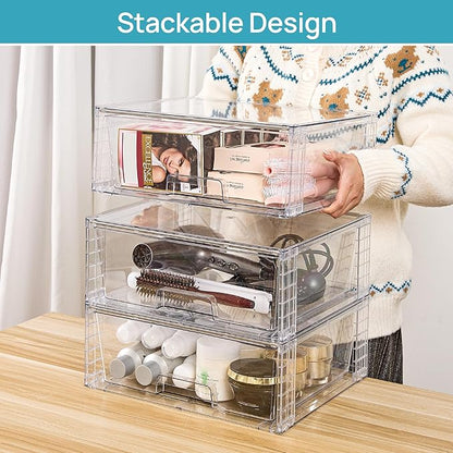 Vtopmart 2 Pack Large Stackable Storage Drawers,Easily Assemble Clear Acrylic Bathroom Closet Undersink Organizers,Plastic Storage Bins for Cabinet,Kitchen Pantry,Medicine Organization - Image 2