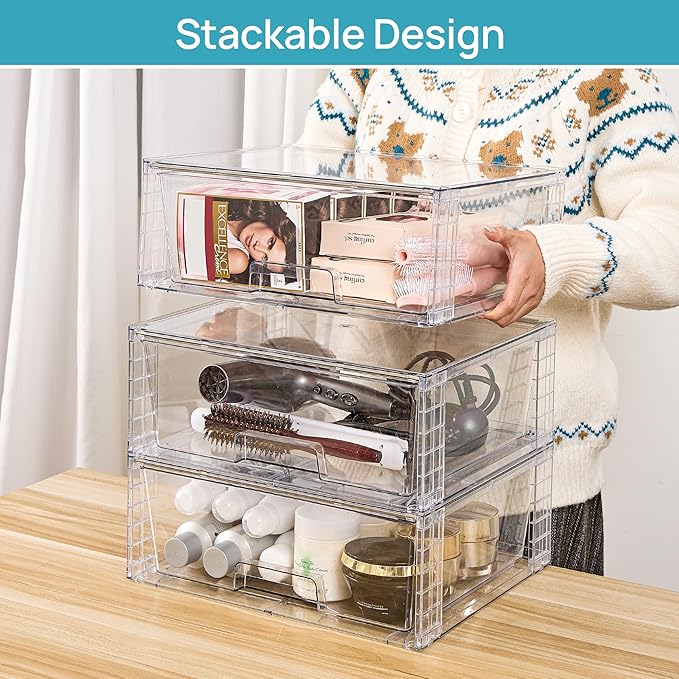 Vtopmart 3 Pack Large Stackable Storage Drawers,Easily Assemble Clear Acrylic Bathroom Closet Undersink Organizers,Plastic Storage Bins for Cabinet,Kitchen Pantry,Medicine Organization - Image 2