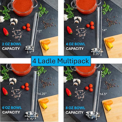 Whysko Soup Ladles Stainless Steel Multipack, 2, 4, 6 & 8 oz Metal Ladle Spoons, Rustproof Heat-Resistant Materials for Cooking and Serving Soups and Sauces, Commercial Grade Kitchen Essentials