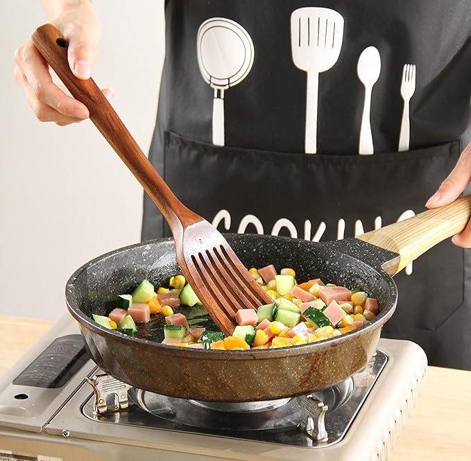 Wooden Kitchen Utensils Set with Holder, NAYAHOSE 9 Pcs Teak Wood Spoons for Cooking Spatula Set with Stainless Steel Storage Barrel