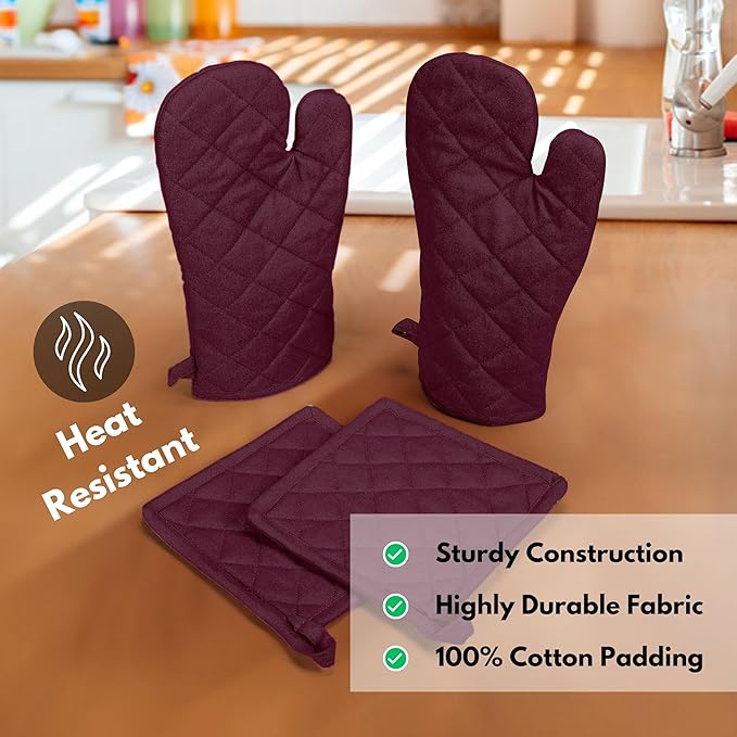 Native Fab 4 Piece Set - 2 Oven Mitts & 2 Potholders, Heat Resistant, 100% Cotton, Quilted Design, Non-Slip Grip, Machine Washable, Ideal for Baking, Cooking, BBQ, Kitchen Protection - Burgundy Wine - Image 2