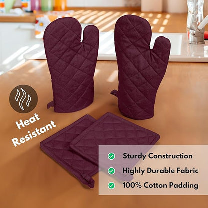 Native Fab 4 Piece Set - 2 Oven Mitts & 2 Potholders, Heat Resistant, 100% Cotton, Quilted Design, Non-Slip Grip, Machine Washable, Ideal for Baking, Cooking, BBQ, Kitchen Protection - Burgundy Wine - Image 2