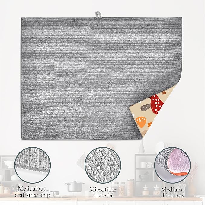 Funny Mushrooms Dish Drying Rack Mats Decor,Green Leaves Dish Pad Drying Mat Kitchen Counter 18x24 Inch Absorbent Reversible Microfiber for Coffee Bar Sink Countertop