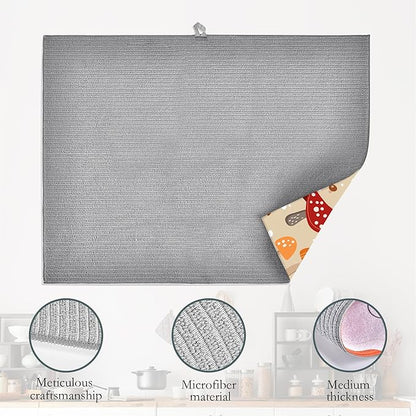 Funny Mushrooms Dish Drying Rack Mats Decor,Green Leaves Dish Pad Drying Mat Kitchen Counter 18x24 Inch Absorbent Reversible Microfiber for Coffee Bar Sink Countertop