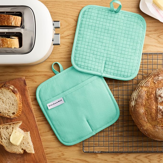 KITCHENAID Gourmet Series Gridlines Pot Holders 2-Pack Set, Heat Resistant up to 600°F, Soft Silicone Grip, Magnetic Cuff, Color of The Year, Spearmint, 8"x8" - Image 2