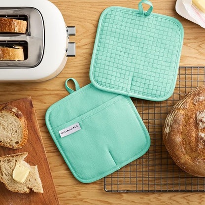 KITCHENAID Gourmet Series Gridlines Pot Holders 2-Pack Set, Heat Resistant up to 600°F, Soft Silicone Grip, Magnetic Cuff, Color of The Year, Spearmint, 8"x8" - Image 2