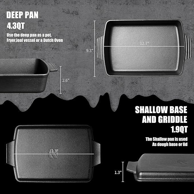 Northriver Casting 2-In-1 Pre Seasoned Cast Iron Dutch Oven With Skillet Lid,Casserole Dish,Rectangular Baking Pan,Griddle Pot Set, 6QT, 9"x13" - Image 5
