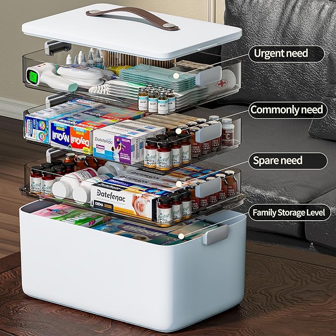 CTIME 4-Tier XL Medicine Organizer - Portable Medicine Cabinet with Leather Handle, Empty First Aid Kit for Home Organization Must, School, Dormitory, Travel, RV, Dorm, Ideal Elderly Gift - Image 6