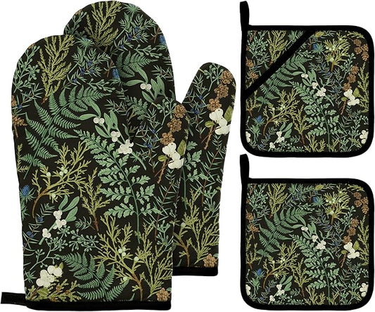 Botanical Print Floral Oven Mitts and Pot Holders Sets Black Sage Green Leaves Kitchen Oven Gloves Hot Pads Farmhouse Potholders and Kitchen Mitts 4Pcs for Baking Cooking BBQ (Black)